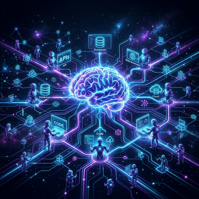 Agentic AI — Interconnected autonomous agents orchestrated by a central intelligence