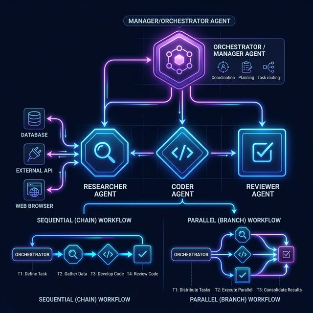 Multi-Agent System Architecture: Orchestrator directing Researcher, Coder, and Reviewer agents